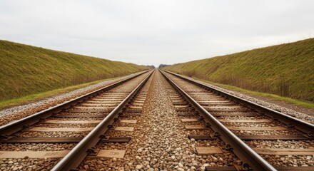 Fototapeta premium A straight railway track stretches into the distance, disappearing into the horizon, flanked by grassy embankments on both sides