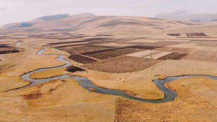 Aerial View of a Winding River Through Dry Golden Grasslands