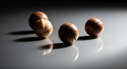Obraz premium Close Shot Of Macadamia Nuts With Dramatic Lighting And Reflections