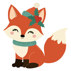 Festive fox with orange fur, teal scarf and hat, holly accents, and a sweet smile. Cozy winter vibes and cheerful charm perfect for holiday themed designs.