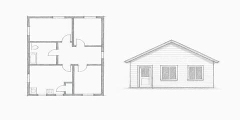 An architectural sketch drawing of a residential house plan, building design, and construction project blueprint concept