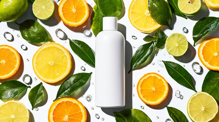 White cosmetic bottle with fresh citrus fruits and green leaves