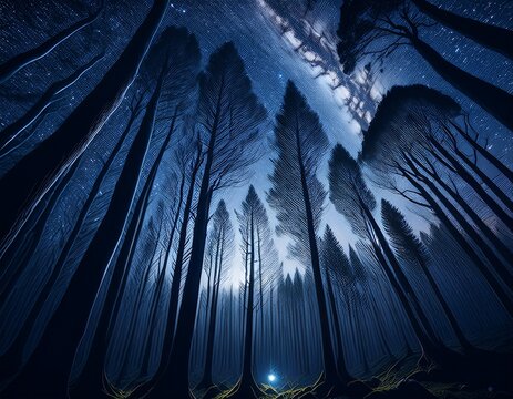 a cinematic backdrop of a mysterious dark forest at night silhouetted trees against a starlit sky perfect for film noir or fantasy projects background moody