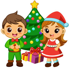 Naklejka premium Cute cartoon boy and girl celebrating Christmas with gifts near a decorated Christmas tree on white background