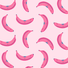 Pink Banana seamless pattern. Abstract print, hand drawn wrapping paper design with organic exotic plant, vegetarian food design. Juicy summer fruit background