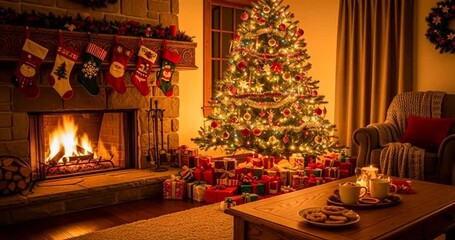 Cozy Christmas living room with a decorated tree, roaring fireplace, and gifts under the tree, evoking warmth and holiday cheer