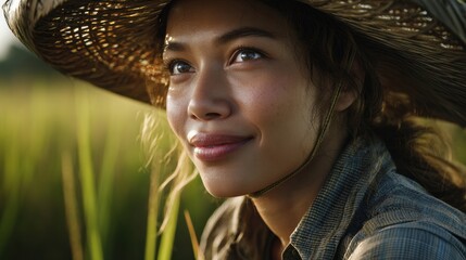 Smiling woman in rice field outdoor portrait natural light warm environment close-up shot