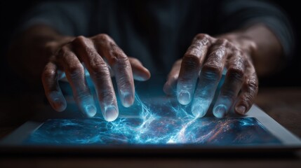 Digital interaction creating cosmic energy virtual space visual art intimate high-tech futuristic concept