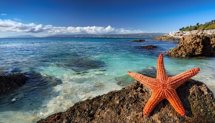 starfish on rocky shoreline coastal beach hdr panorama tranquil nature scene serene viewpoint