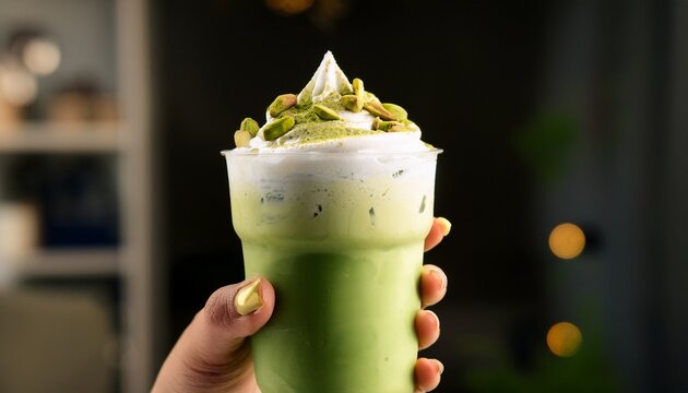 refreshing iced matcha latte with whipped cream and pistachios held by a hand