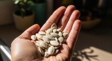 Close View Of A Hand Holding Pumpkin Seeds In Bright Sunlight For Healthy Eating