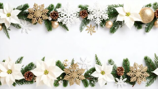 Elegant Christmas border composed of poinsettias, pine branches, golden ornaments and snowflakes on bright white background