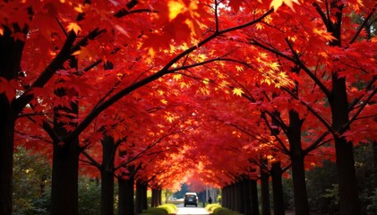 Canopy of vibrant autumn foliage arching over a forest path, casting warm golden light and colorful shadows. A low angle shot looking up at a dense canopy of vibrant autumn leaves in reds, oranges,