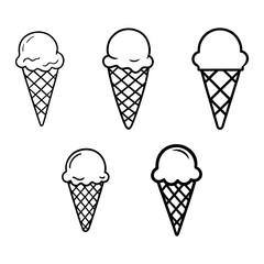 Simple Black and White Ice Cream Cone Illustration with a Single Scoop and Waffle Cone Silhouette Set Five Variations for Dessert Icons, Coloring Pages, and Summer Themed Design Packs
