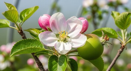 Obraz premium Close View Of Apple Blossom Displaying Lush Petals, Leaves, And Immature Fruit