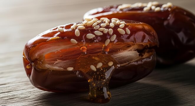 Close View Of Dates Adorned With Sesame Seeds And Dripping Syrup On Wooden Surface