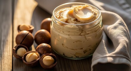 Creamy Macadamia Nut Butter In A Jar Alongside Fresh Nuts On A Table