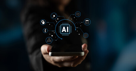 Artificial Intelligence (AI) as a core technology. A concept of an AI ecosystem powering data analysis, machine learning, and global networks. Motif