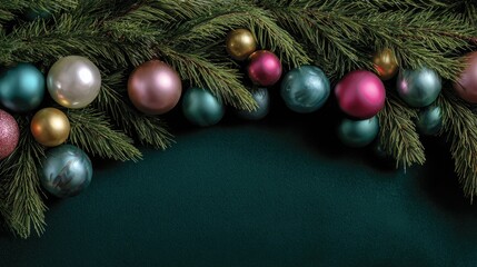 Festive holiday decoration with ornaments and greenery on dark background indoor setting close-up view christmas concept