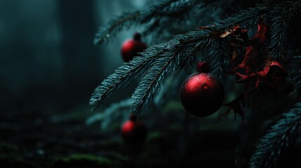 Christmas ornaments hanging on pine tree branch misty forest nature photography serene atmosphere close-up perspective