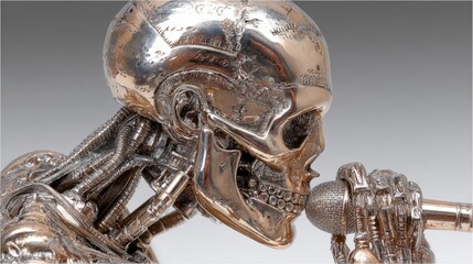 Metallic Robotic Skull Singing into Microphone
