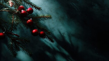 Festive red berries on green pine branch holiday decor indoor setting artistic perspective seasonal concept