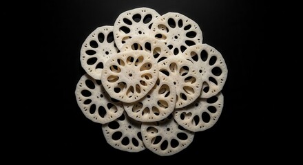 Close-up Arrangement of Sliced Lotus Root Vegetables on a Dark Backdrop