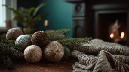 Cozy knitting session with yarn balls by the fireplace warm home interior lifestyle photography