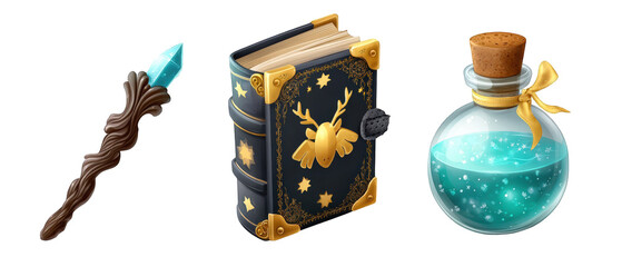 Magical artifacts including a wand, spellbook, and potion set against a mystical backdrop