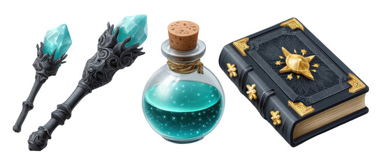 Magical potion and spellbook with mystical wands on a transparent background, ideal for fantasy themes