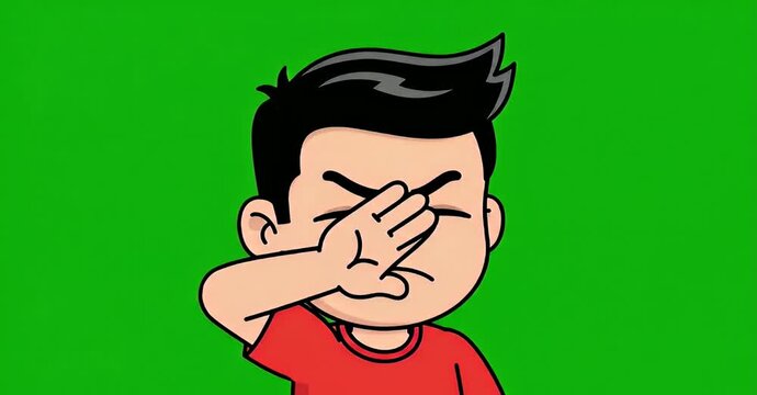 Cartoon man with hand over face on green screen background, expressing shame or embarrassment.