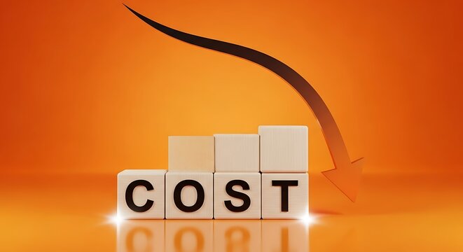 Blocks spelling out the word cost with a downward trending arrow indicating cost reduction