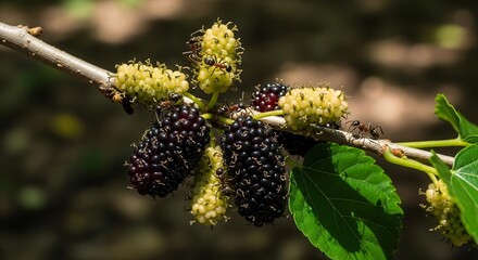 Obraz premium Close-Up of Ripe Mulberries on a Branch with Ants and Green Leaves