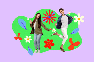 Collage with funny people among colorful flowers symbolizing family parentship friendship love dating romance relationships