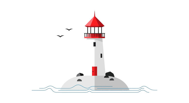 Coastal beacon illustration showcases navigation assistance and seascape charm with seabirds