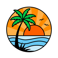 Summer sunset tropical beach illustration. Hand drawn sunset and sunrise. Landscape tropical beach, palm tree with sunset waves nature. Vector illustration.