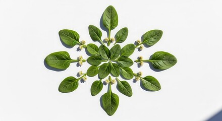 Obraz premium Creative Arrangement Of Fresh Spinach Leaves Arranged In Symmetric Composition On A White Surface