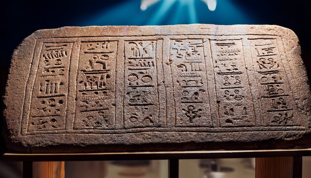 ancient clay tablet with cuneiform inscriptions on display in museum