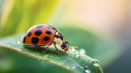 Fototapeta premium Macro Ladybug on Dewy Green Leaf, Natural Serenity