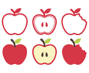 Red Apple Icon Set Outline and Color Healthy Food