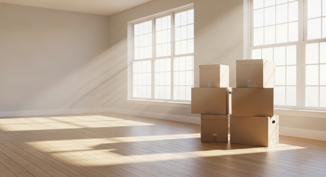 Bright empty room with sunlight streaming through windows and cardboard boxes, ready for new beginnings and moving in a new home