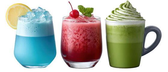 Refreshing assortment of colorful beverages with ice, garnishes, and whipped toppings