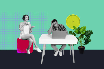 Artwork banner sketch 3d photo collage of happy business partners sit office workplace surf laptop company progress manager