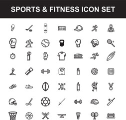 Sports and fitness icon set isolated on white background, including icons for boxing, soccer, tennis, weightlifting, and active lifestyle