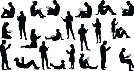 People Human Silhouette Reading Book Sitting Standing Reclining Crosslegged Chair Floor Relax Study Education Learning Student Teacher Library Knowledge Vector Outline Illustration