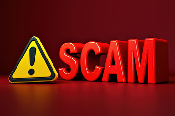 SCAM 3D Text with Yellow Warning Triangle on Red Background Online Fraud and Cyber Security Concept
