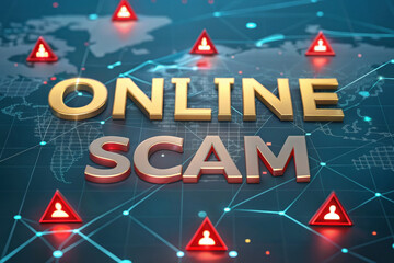 Online Scam Alert Concept with Golden Text and World Map Network Background