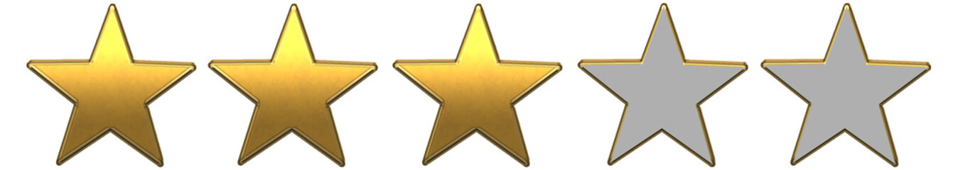 Golden three star realistic 3D rating and review PNG with transparent background, metallic shine and glossy reflection symbolizing average feedback, moderate satisfaction, and balanced quality design