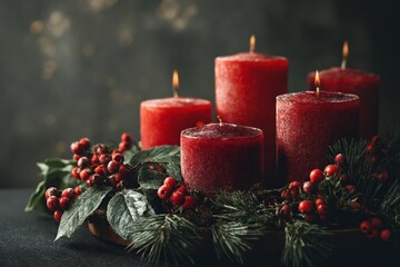 Red pillar candles with holiday wreath of pine and berries