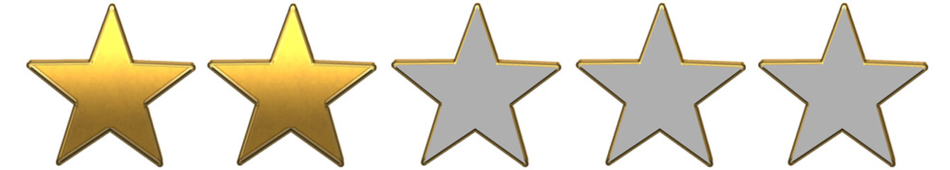 Realistic shiny golden two star rating review PNG with transparent background, 3D metallic badge representing below average quality feedback, moderate customer satisfaction, and product evaluation sym